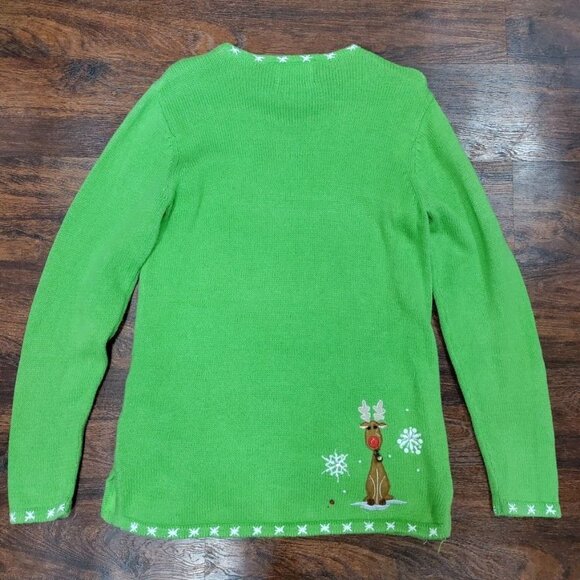 Quacker Factory Green Cute Ugly Christmas Sweater S Snowman & Reindeer - Picture 4 of 12